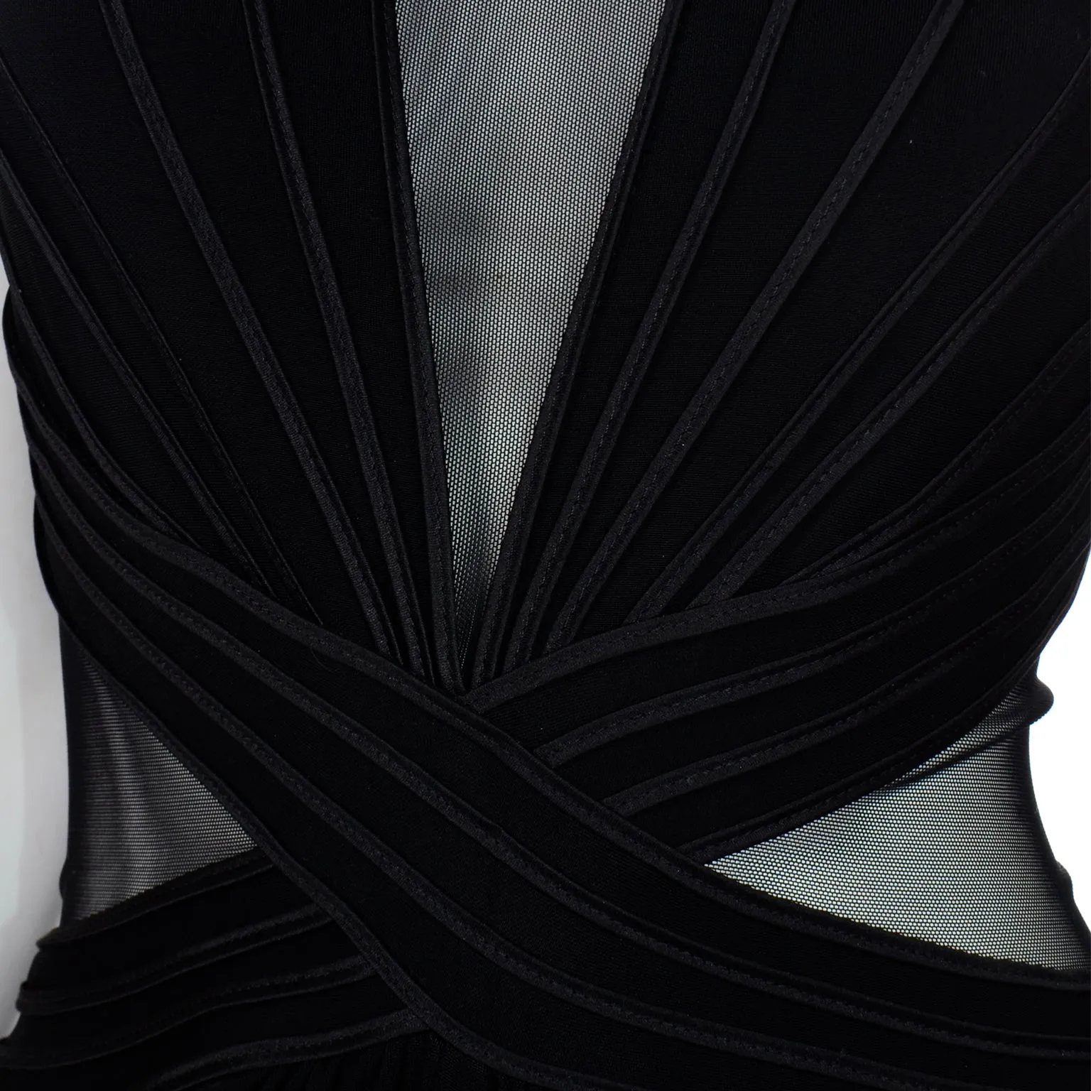 1990s Tadashi Long Black Evening Dress w Sheer Mesh Panels