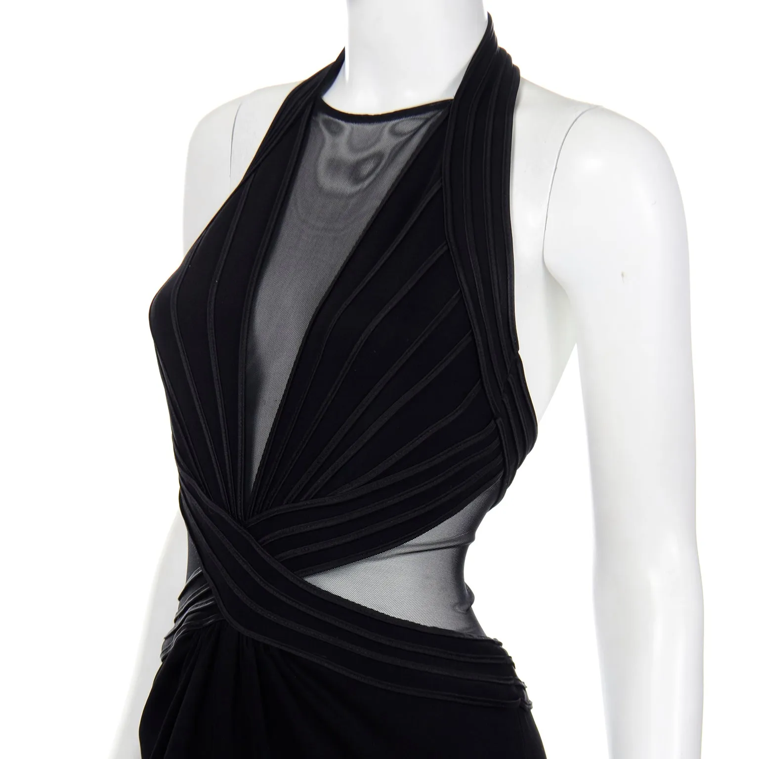1990s Tadashi Long Black Evening Dress w Sheer Mesh Panels
