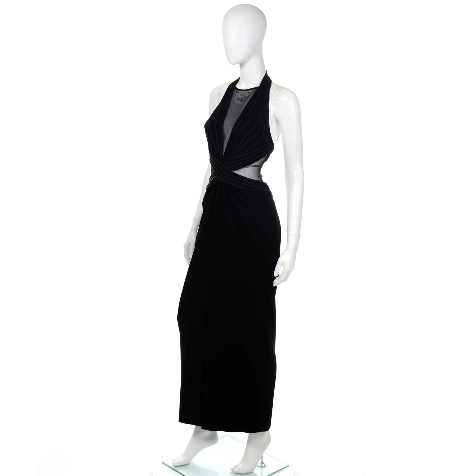 1990s Tadashi Long Black Evening Dress w Sheer Mesh Panels