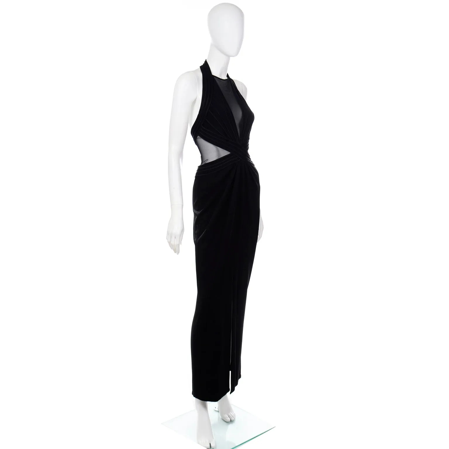 1990s Tadashi Long Black Evening Dress w Sheer Mesh Panels