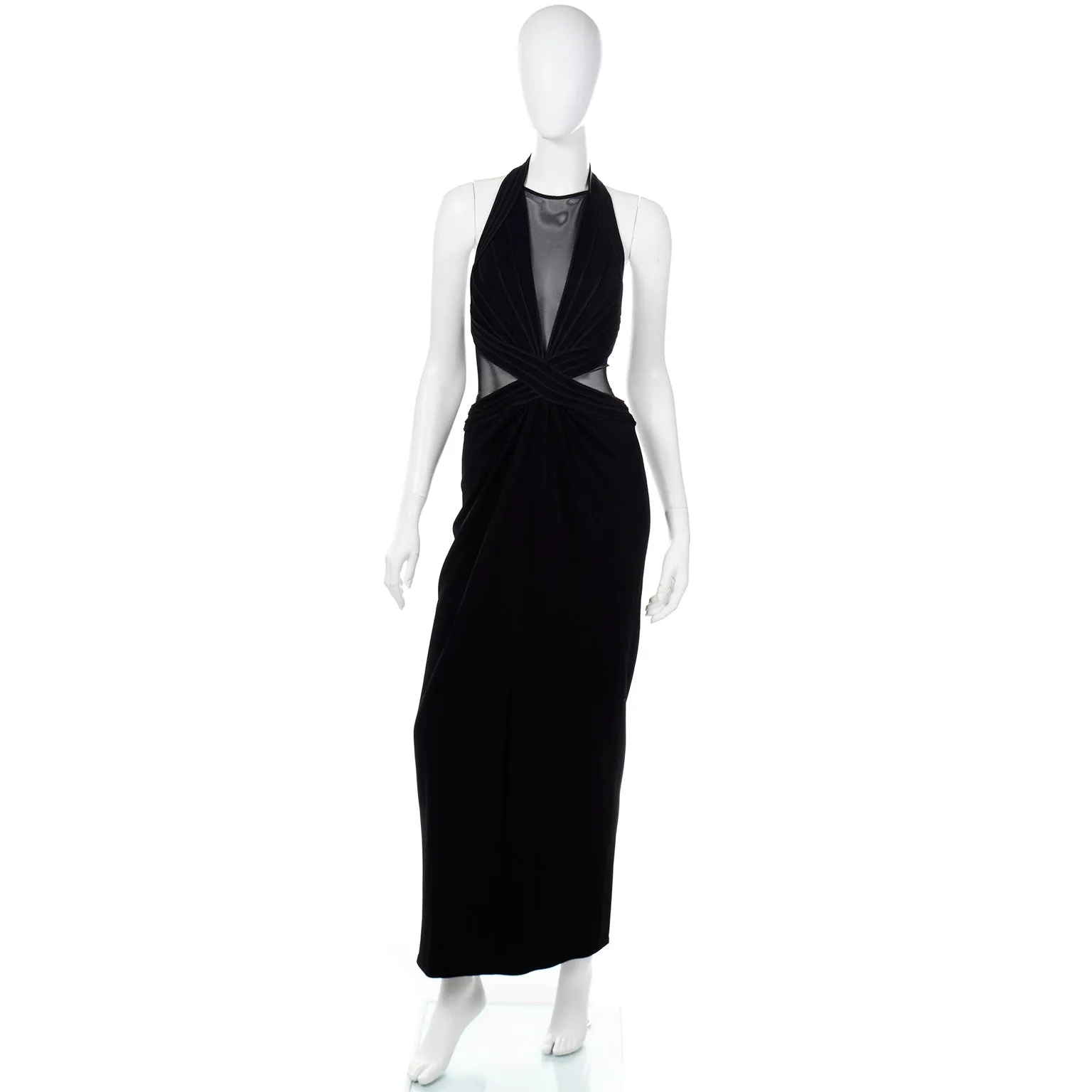 1990s Tadashi Long Black Evening Dress w Sheer Mesh Panels