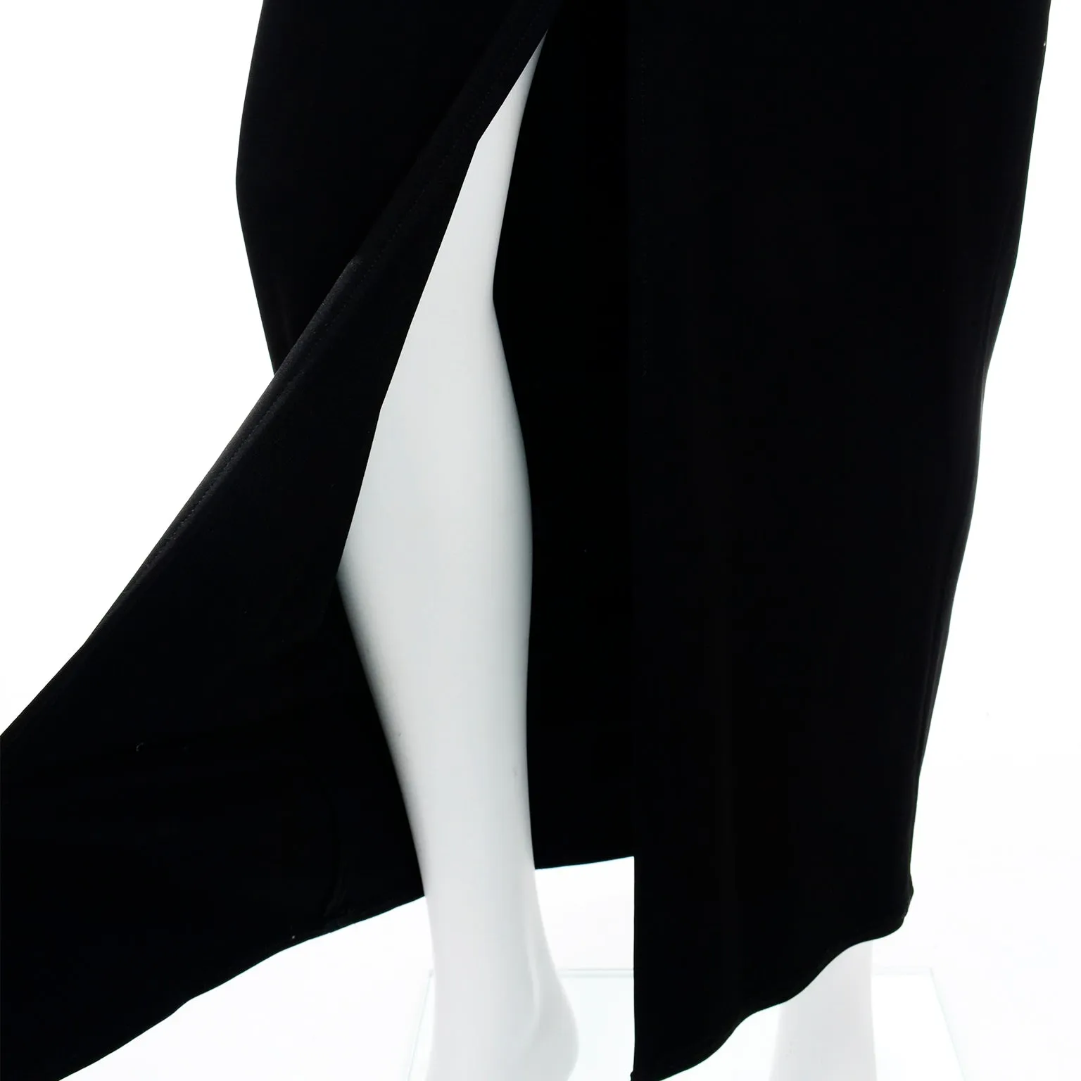 1990s Tadashi Long Black Evening Dress w Sheer Mesh Panels