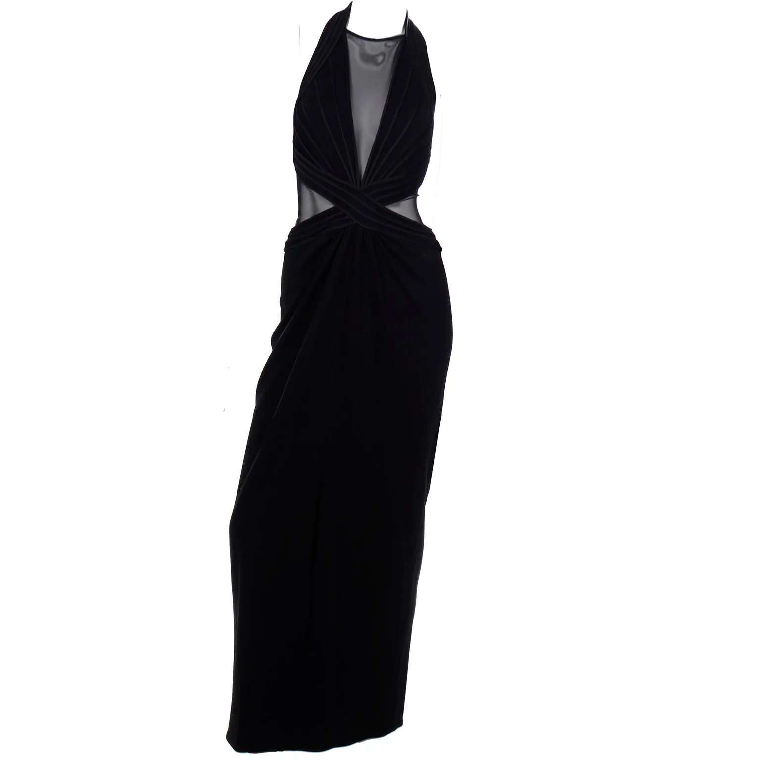 1990s Tadashi Long Black Evening Dress w Sheer Mesh Panels