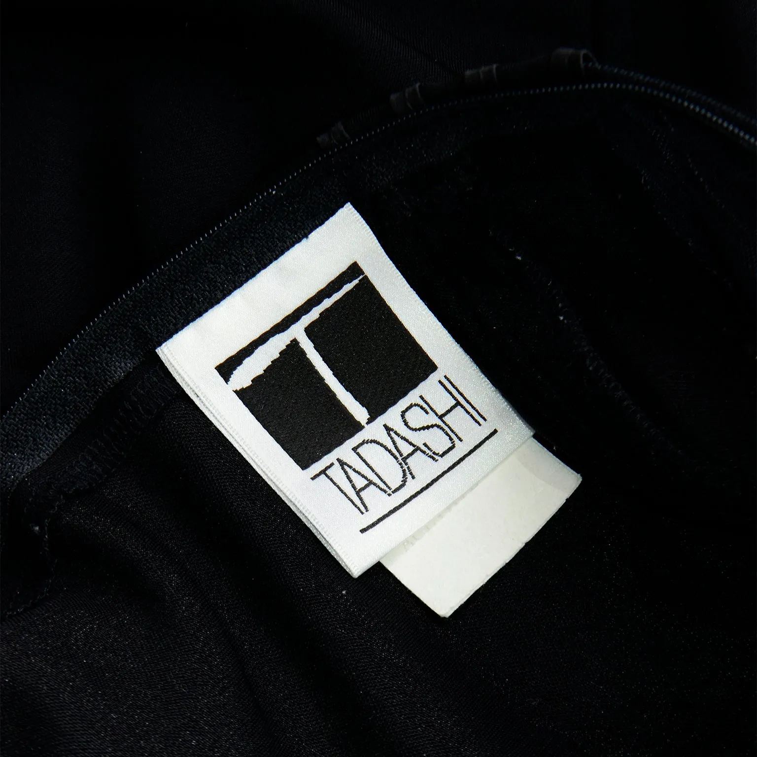 1990s Tadashi Long Black Evening Dress w Sheer Mesh Panels