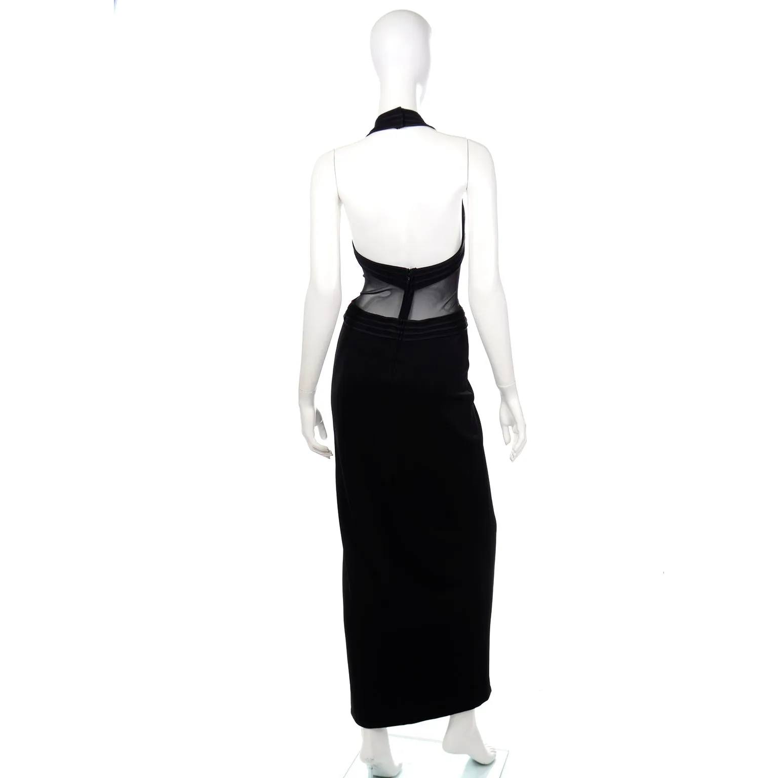 1990s Tadashi Long Black Evening Dress w Sheer Mesh Panels