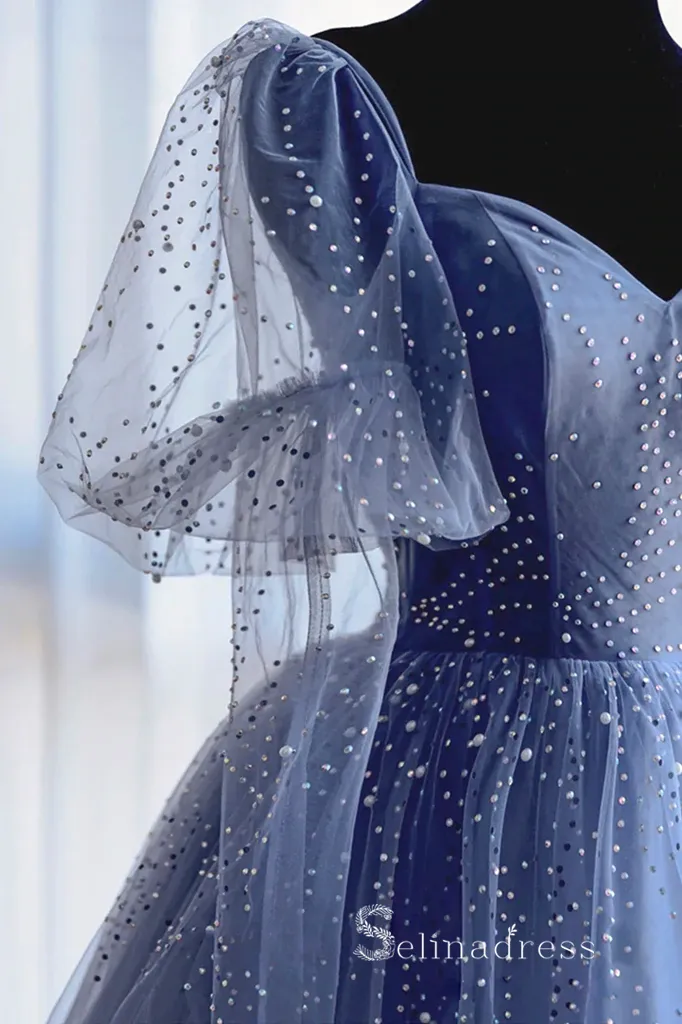 A-line Blue Beaded Prom Dress Long Sparkly Formal Evening Gowns POL009