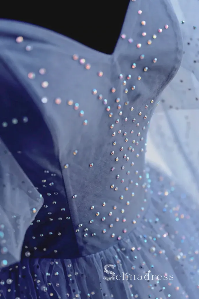 A-line Blue Beaded Prom Dress Long Sparkly Formal Evening Gowns POL009