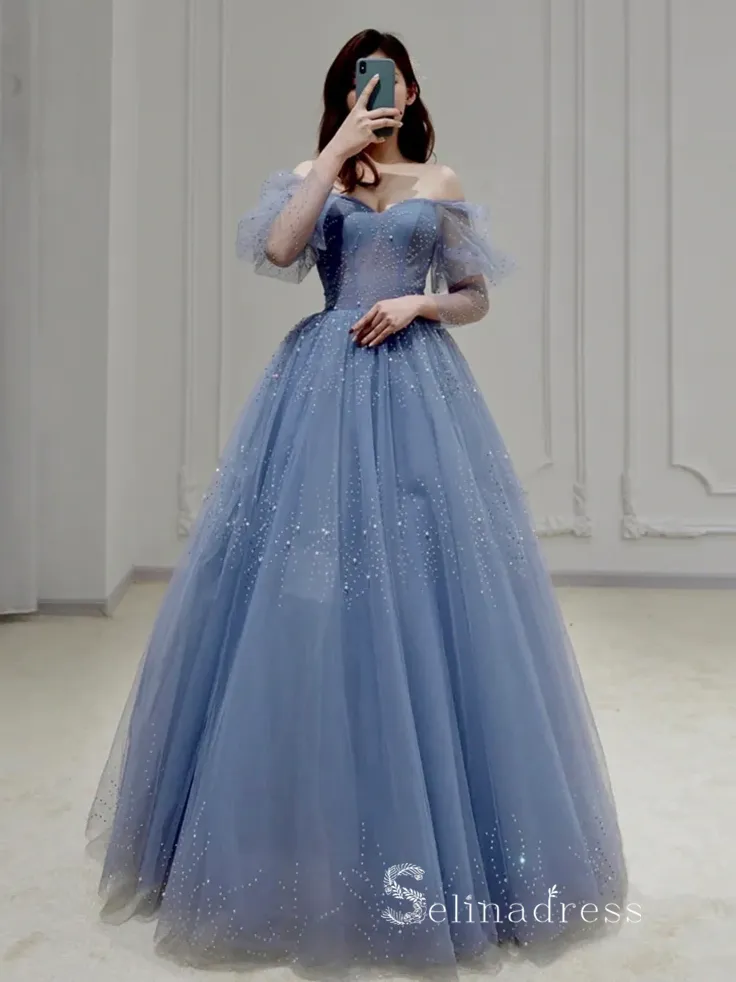 A-line Blue Beaded Prom Dress Long Sparkly Formal Evening Gowns POL009