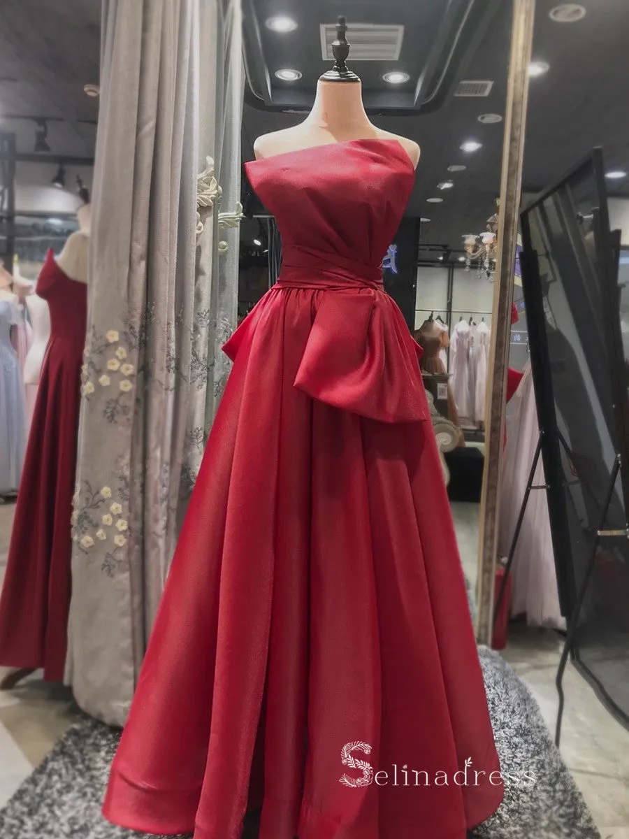 A-line Strapless Long Prom Dress With Big Bow Modest Evening Dresses GKF026