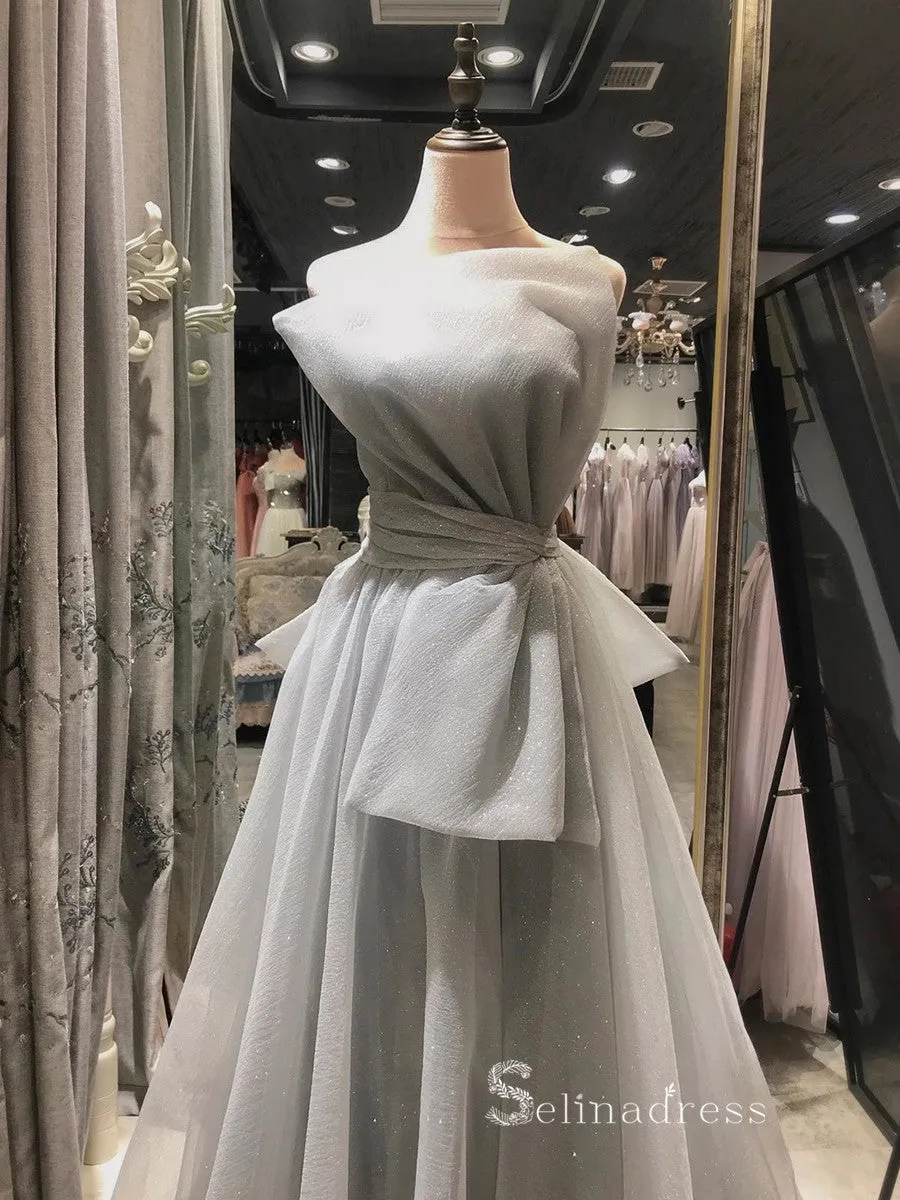 A-line Strapless Long Prom Dress With Big Bow Modest Evening Dresses GKF026
