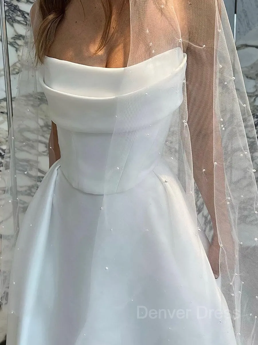 A-Line Strapless Sweep Train Satin Wedding Dresses With Leg Slit