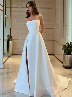 A-Line Strapless Sweep Train Satin Wedding Dresses With Leg Slit