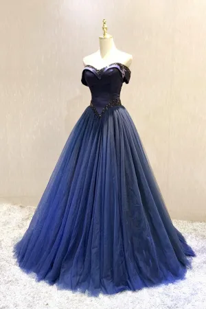 A-Line Tulle Beading Long Prom Dresses Off the Shoulder Evening Dresses