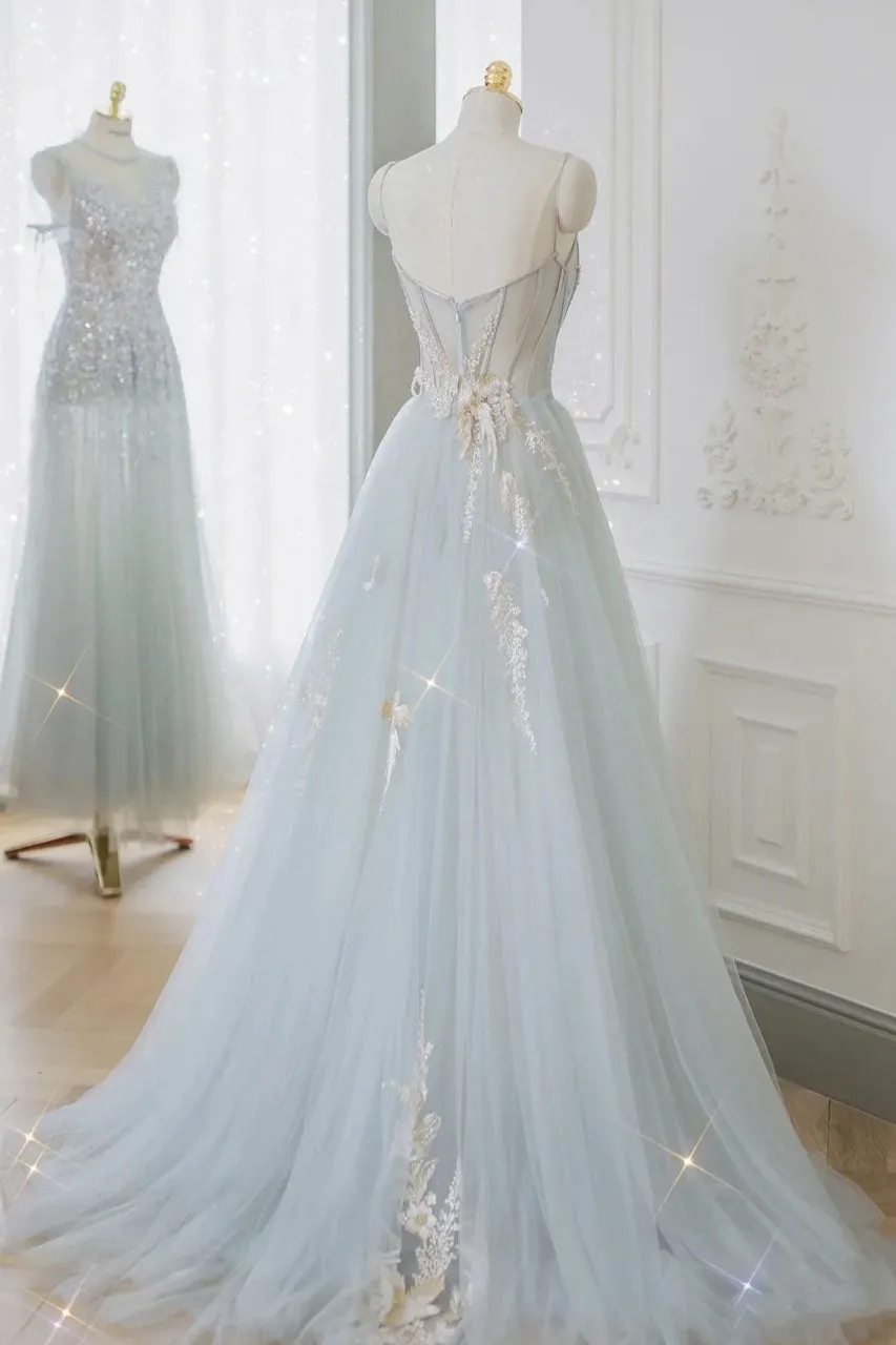 A-Line Tulle Lace Appliques Sweetheart Long Prom Dress Strapless Evening Dress