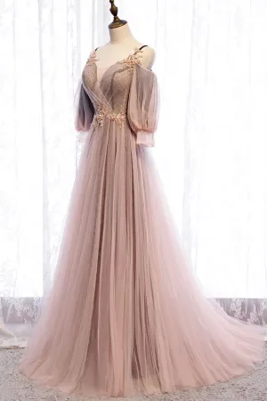 A-Line Tulle Long Prom Dresses Lace Evening Dresses