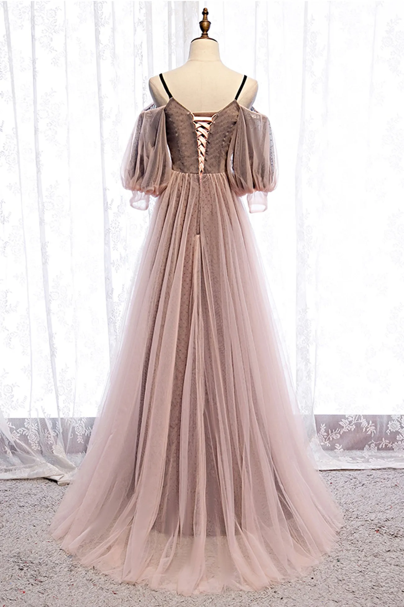 A-Line Tulle Long Prom Dresses Lace Evening Dresses