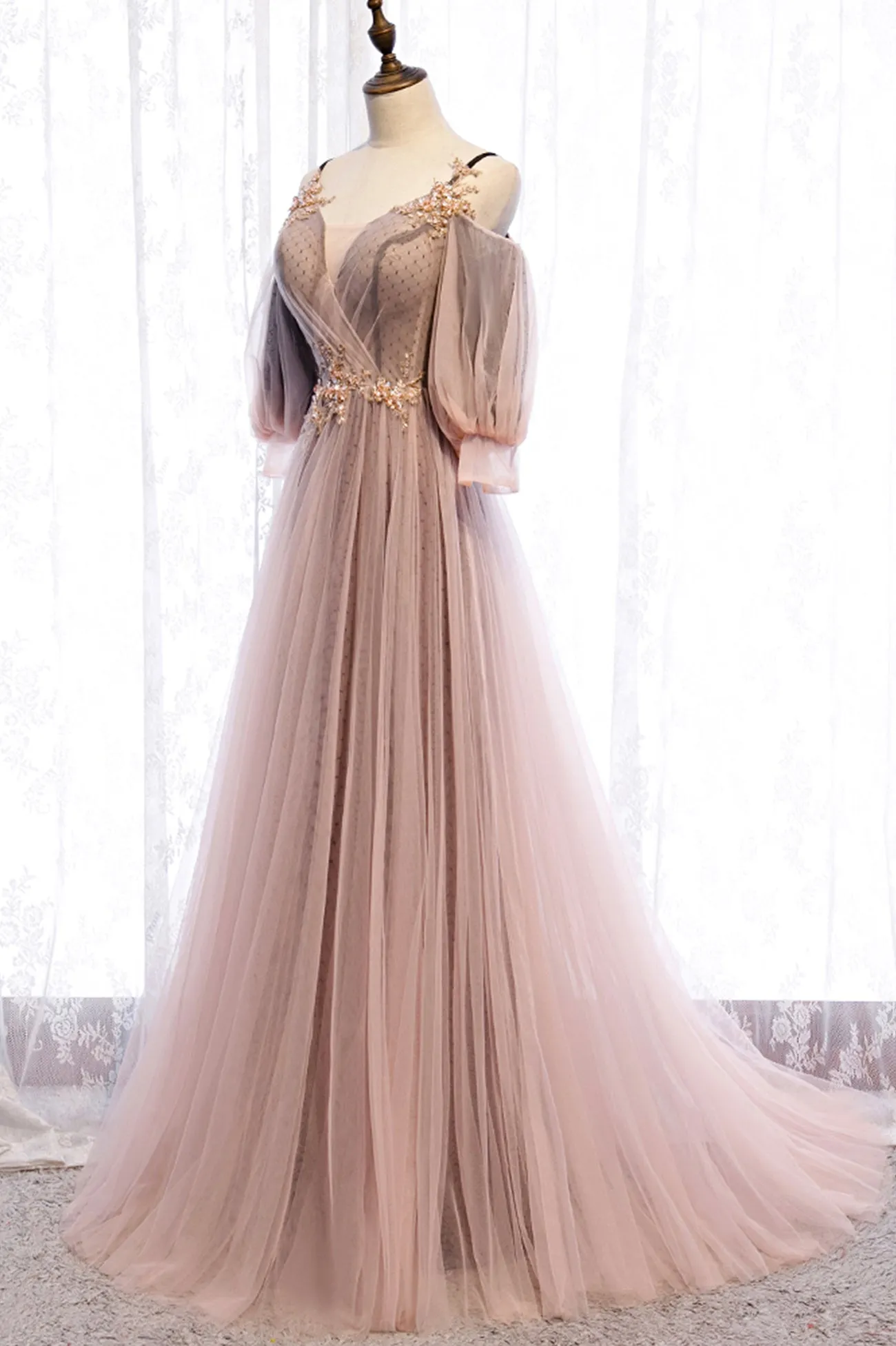 A-Line Tulle Long Prom Dresses Lace Evening Dresses