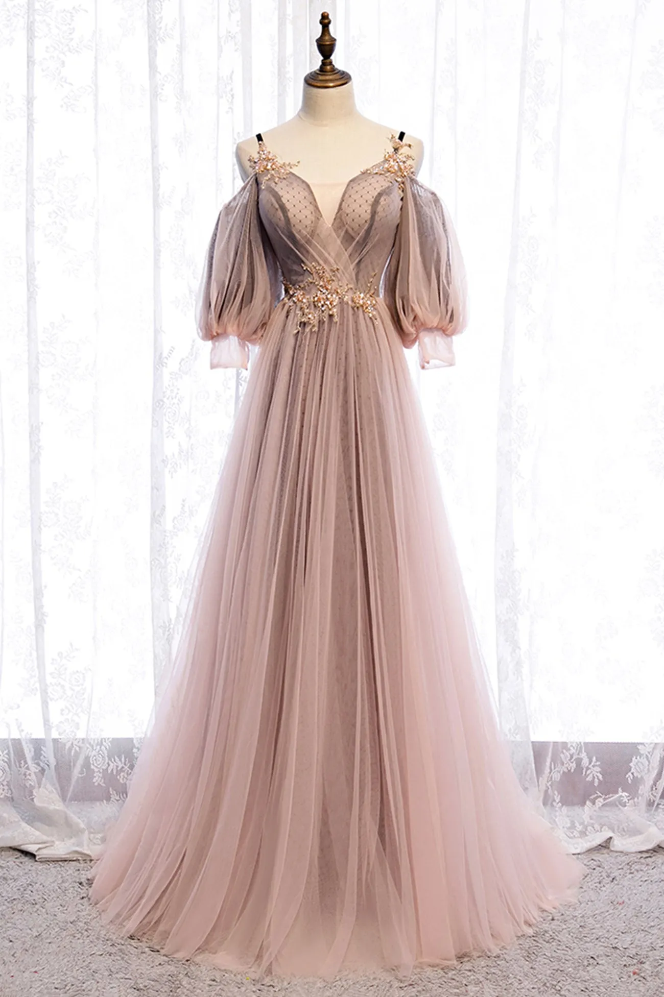 A-Line Tulle Long Prom Dresses Lace Evening Dresses