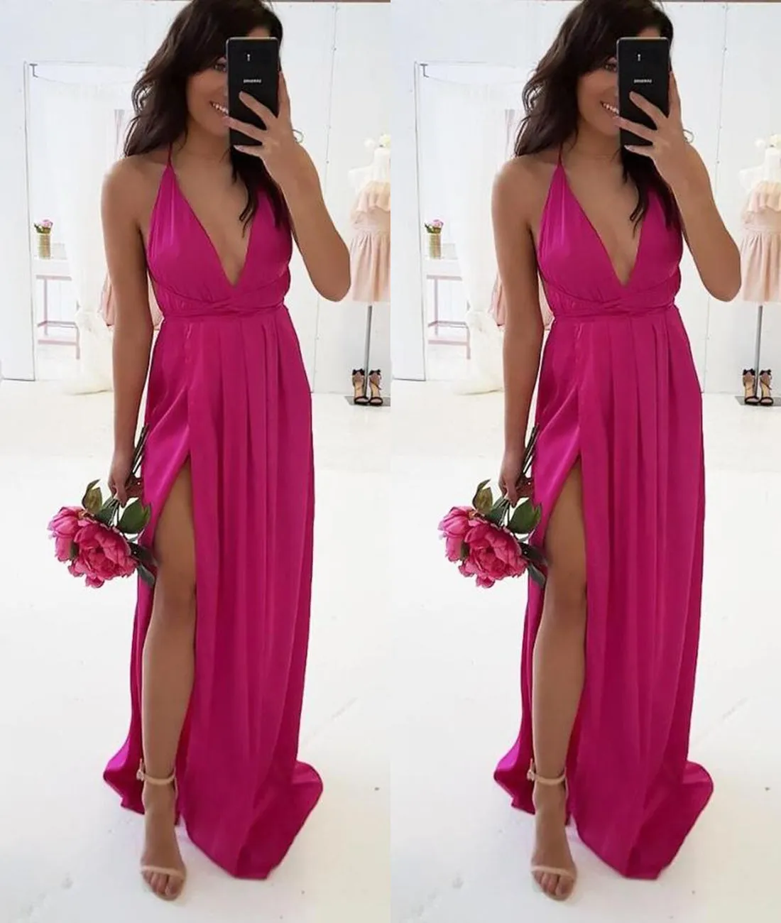 A Line V Neck Backless Fuchsia Long Prom Dresses with High Slit, V Neck Fuchsia Formal Graduation Evening Dresses with Slit