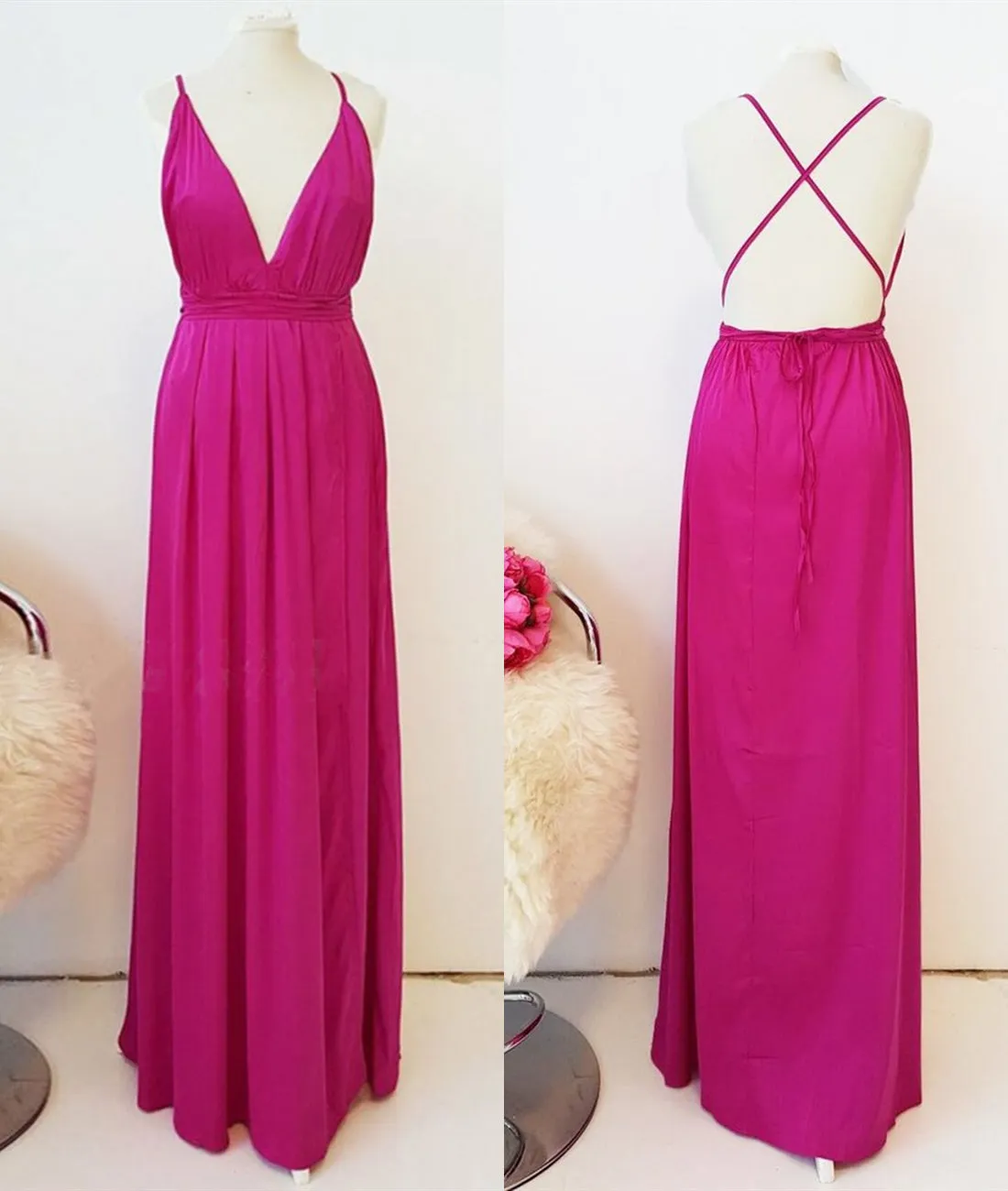 A Line V Neck Backless Fuchsia Long Prom Dresses with High Slit, V Neck Fuchsia Formal Graduation Evening Dresses with Slit