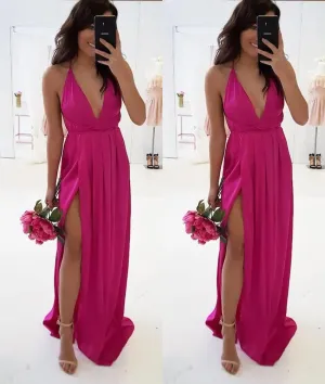 A Line V Neck Backless Fuchsia Long Prom Dresses with High Slit, V Neck Fuchsia Formal Graduation Evening Dresses with Slit