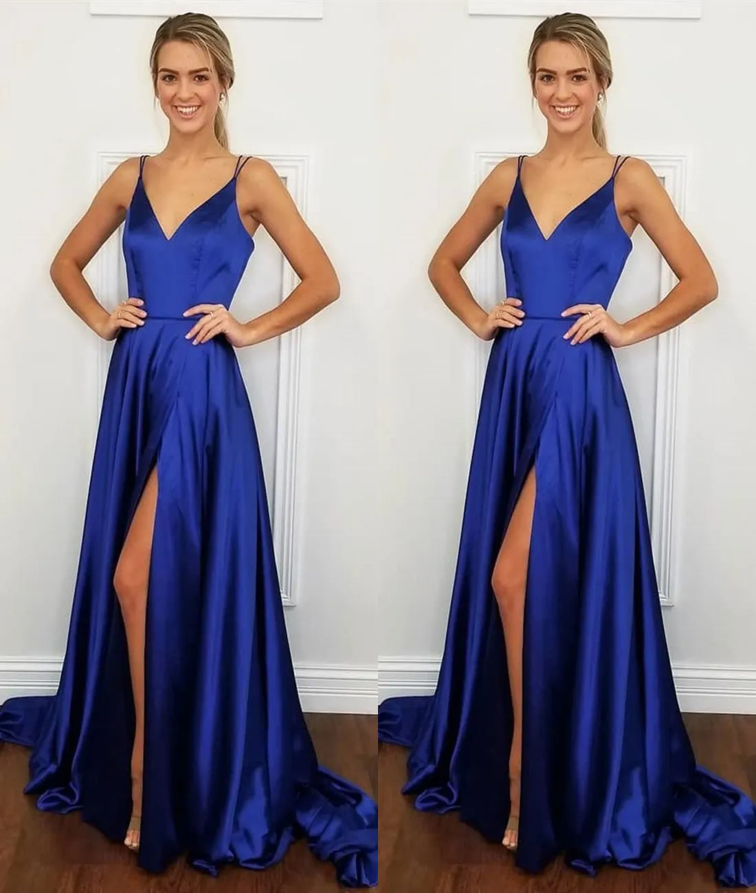 A Line V Neck Backless Royal Blue Satin Long Prom Dress with High Slit, Royal Blue Formal Dress, Evening Dress