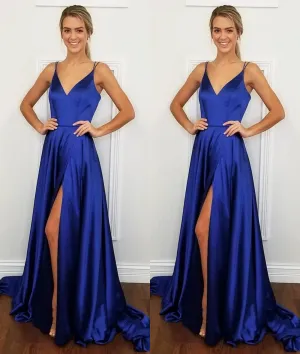 A Line V Neck Backless Royal Blue Satin Long Prom Dress with High Slit, Royal Blue Formal Dress, Evening Dress