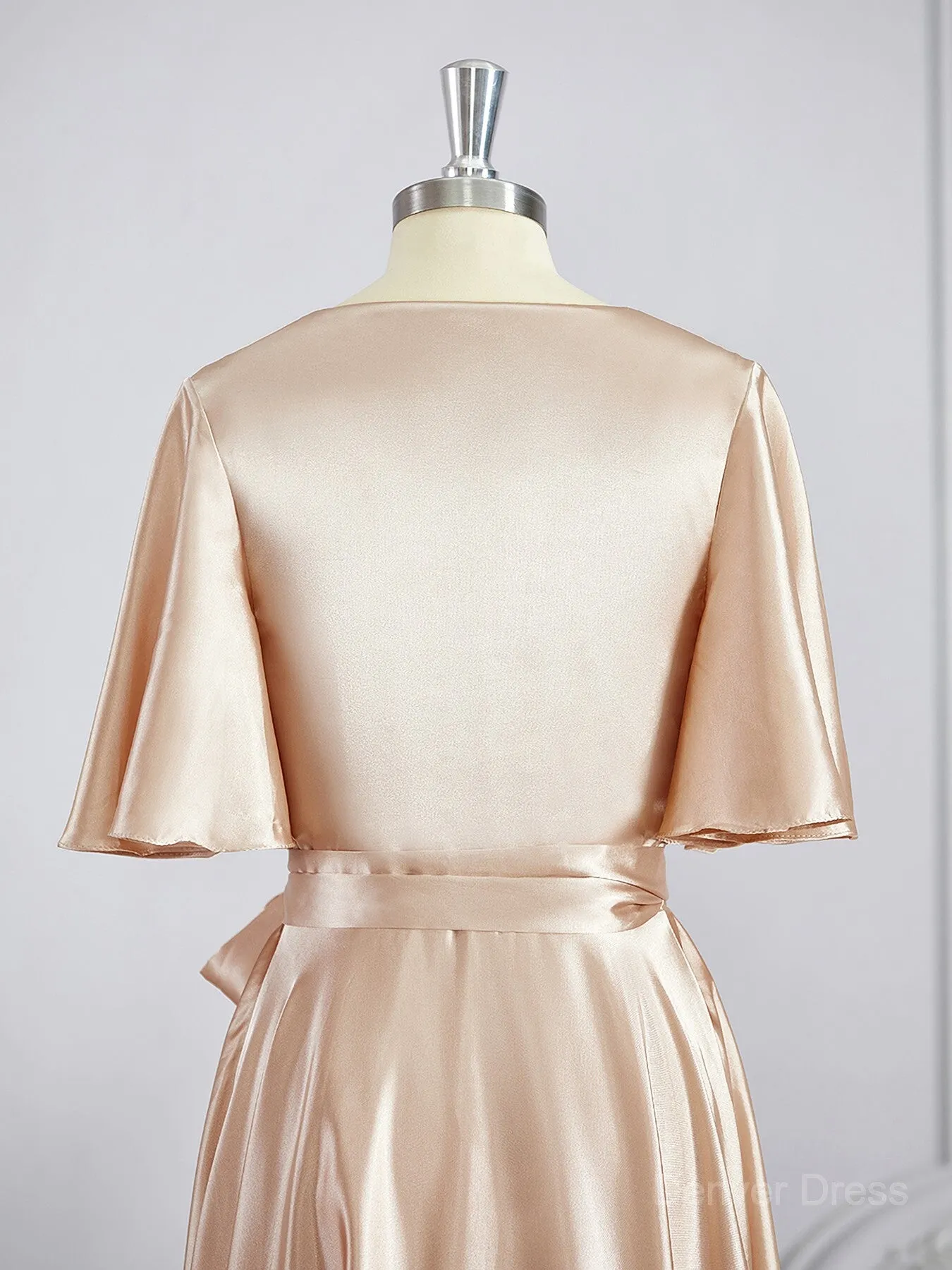 A-Line V-neck Floor-Length Silk like Satin Bridesmaid Dresses with Sash