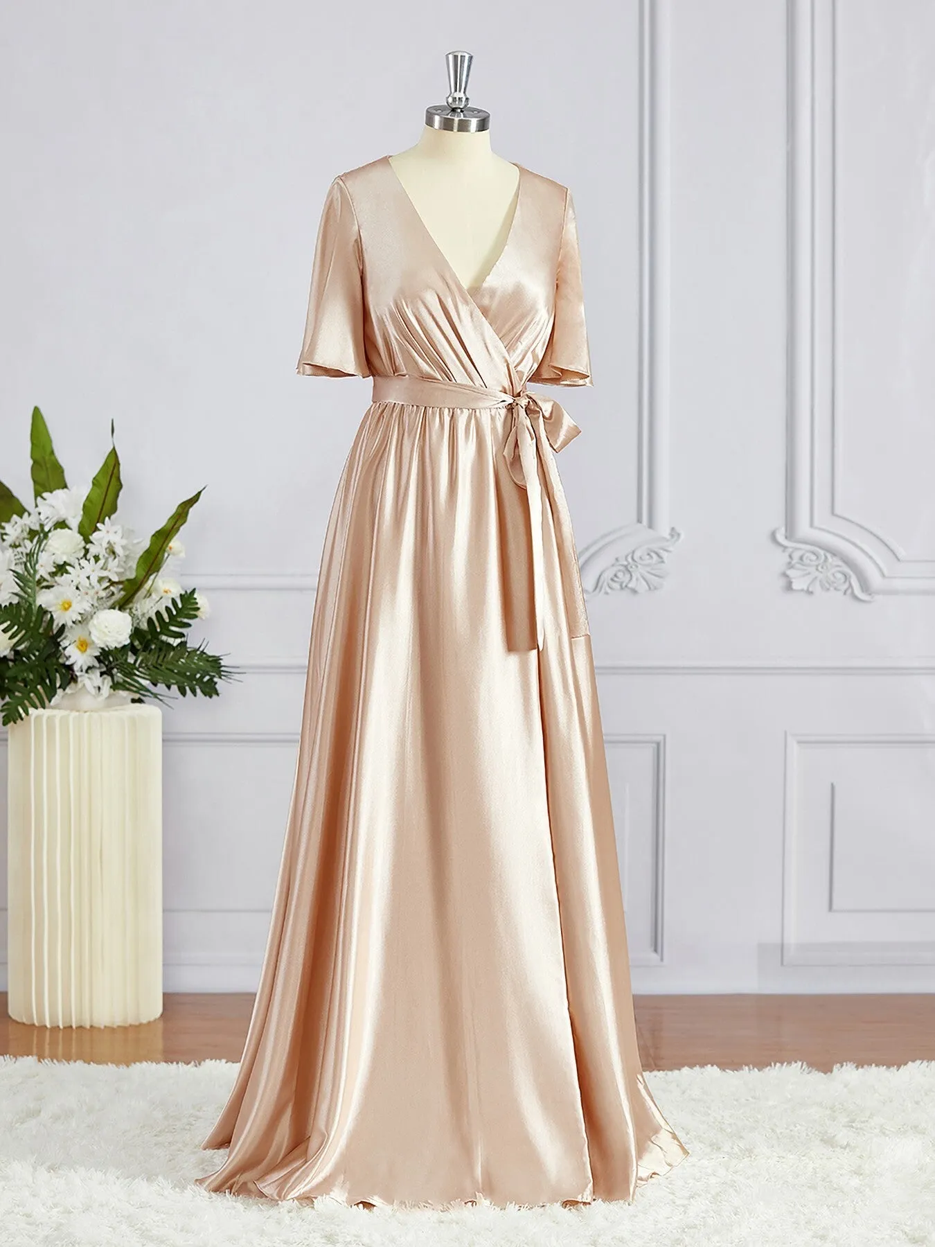 A-Line V-neck Floor-Length Silk like Satin Bridesmaid Dresses with Sash