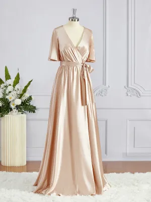 A-Line V-neck Floor-Length Silk like Satin Bridesmaid Dresses with Sash