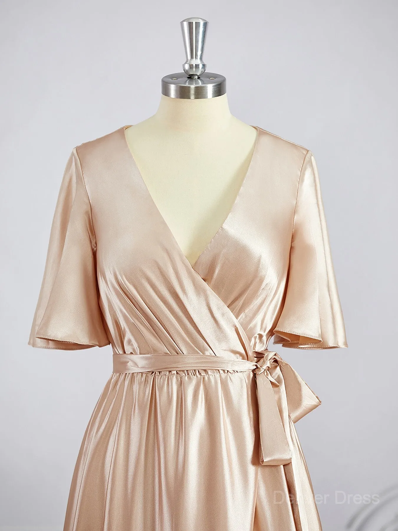 A-Line V-neck Floor-Length Silk like Satin Bridesmaid Dresses with Sash