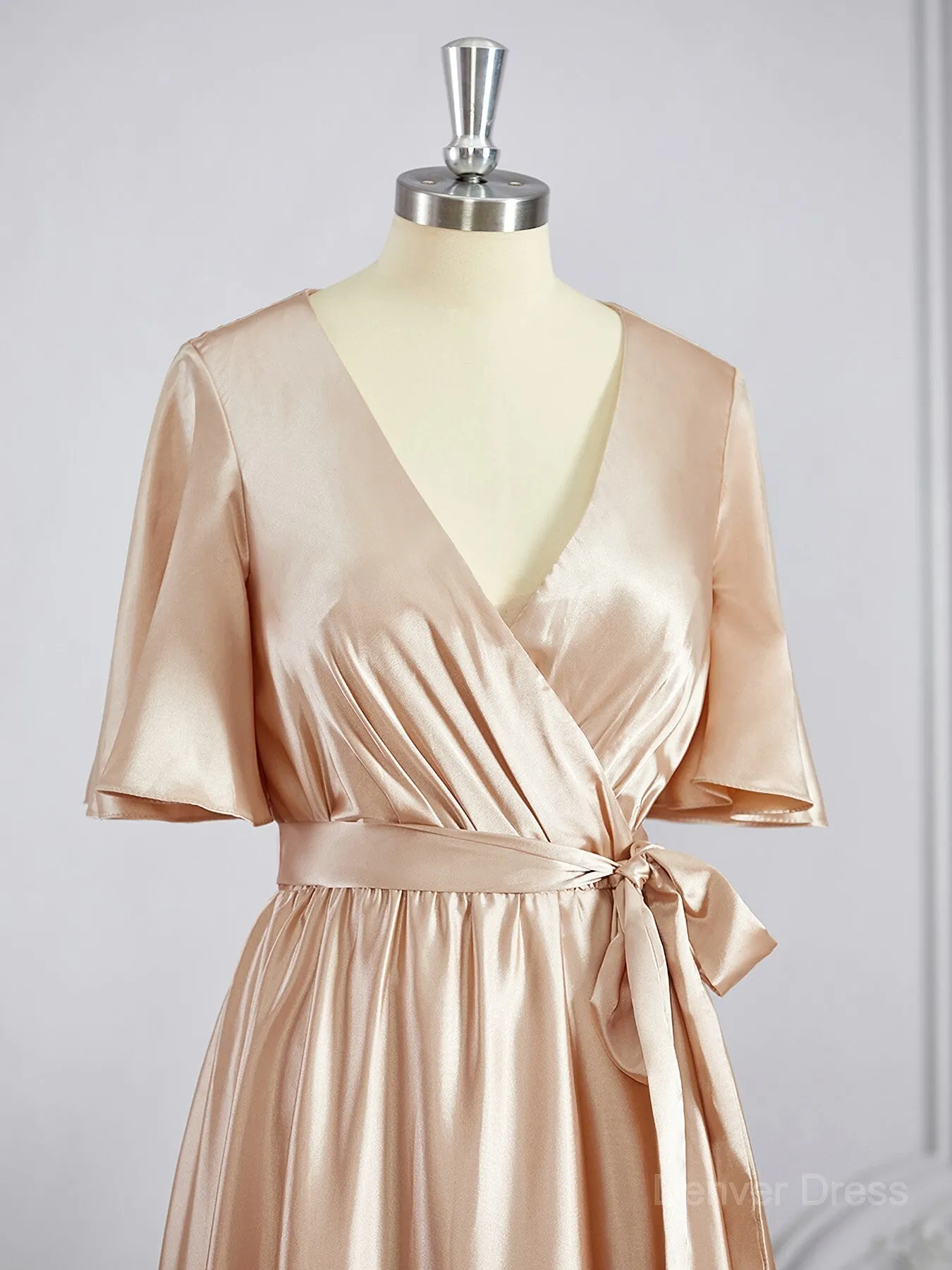 A-Line V-neck Floor-Length Silk like Satin Bridesmaid Dresses with Sash