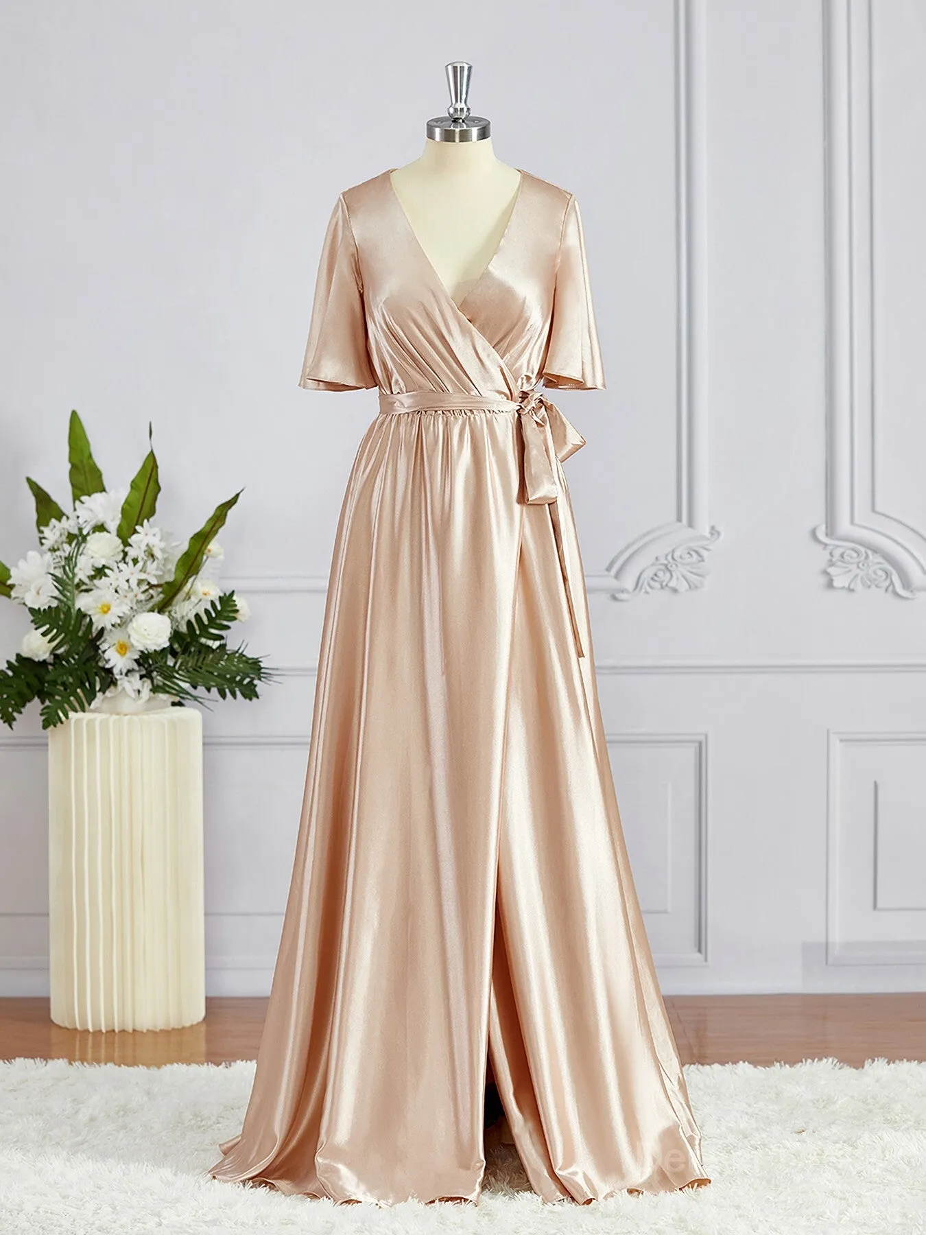 A-Line V-neck Floor-Length Silk like Satin Bridesmaid Dresses with Sash