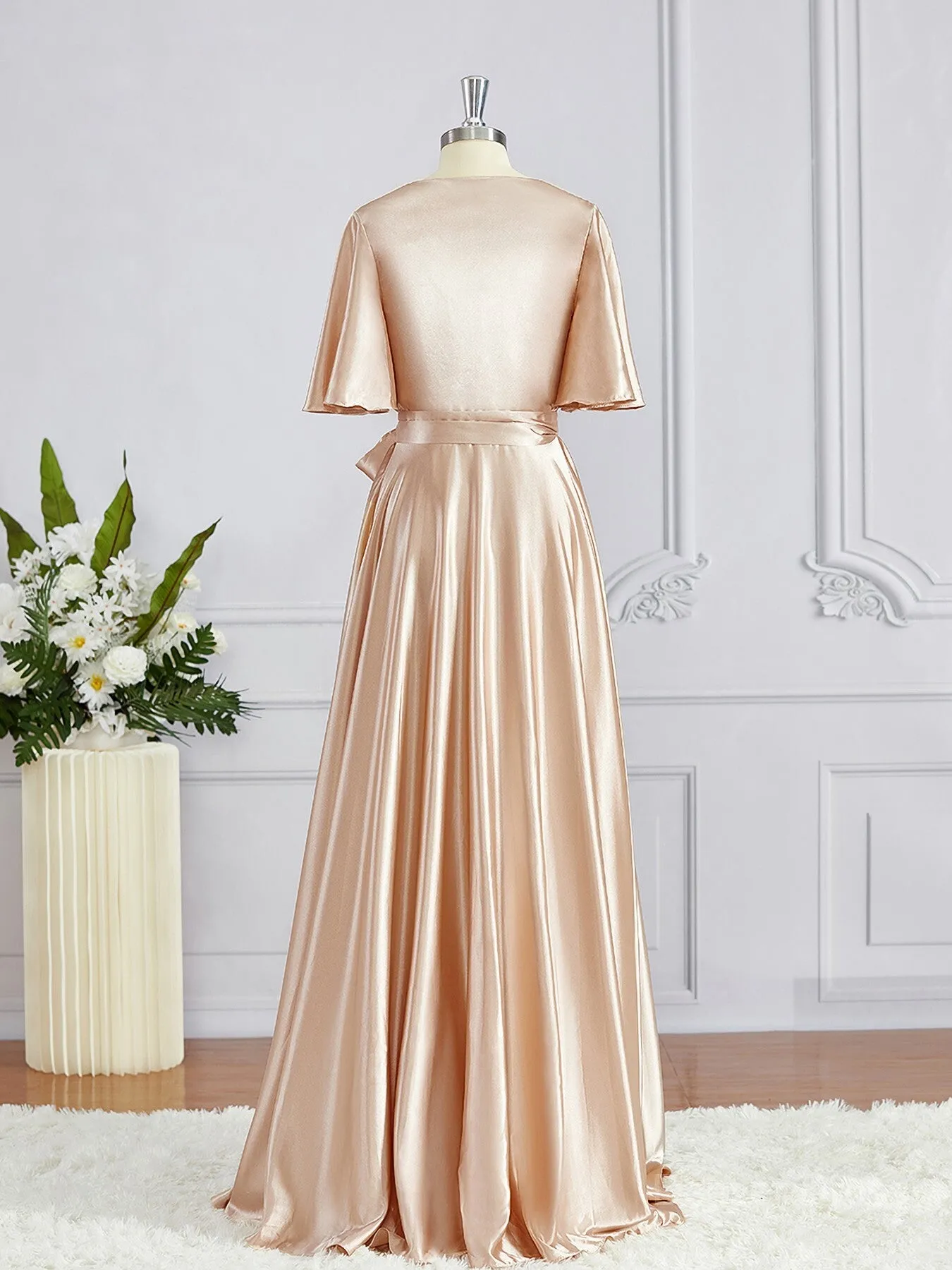 A-Line V-neck Floor-Length Silk like Satin Bridesmaid Dresses with Sash