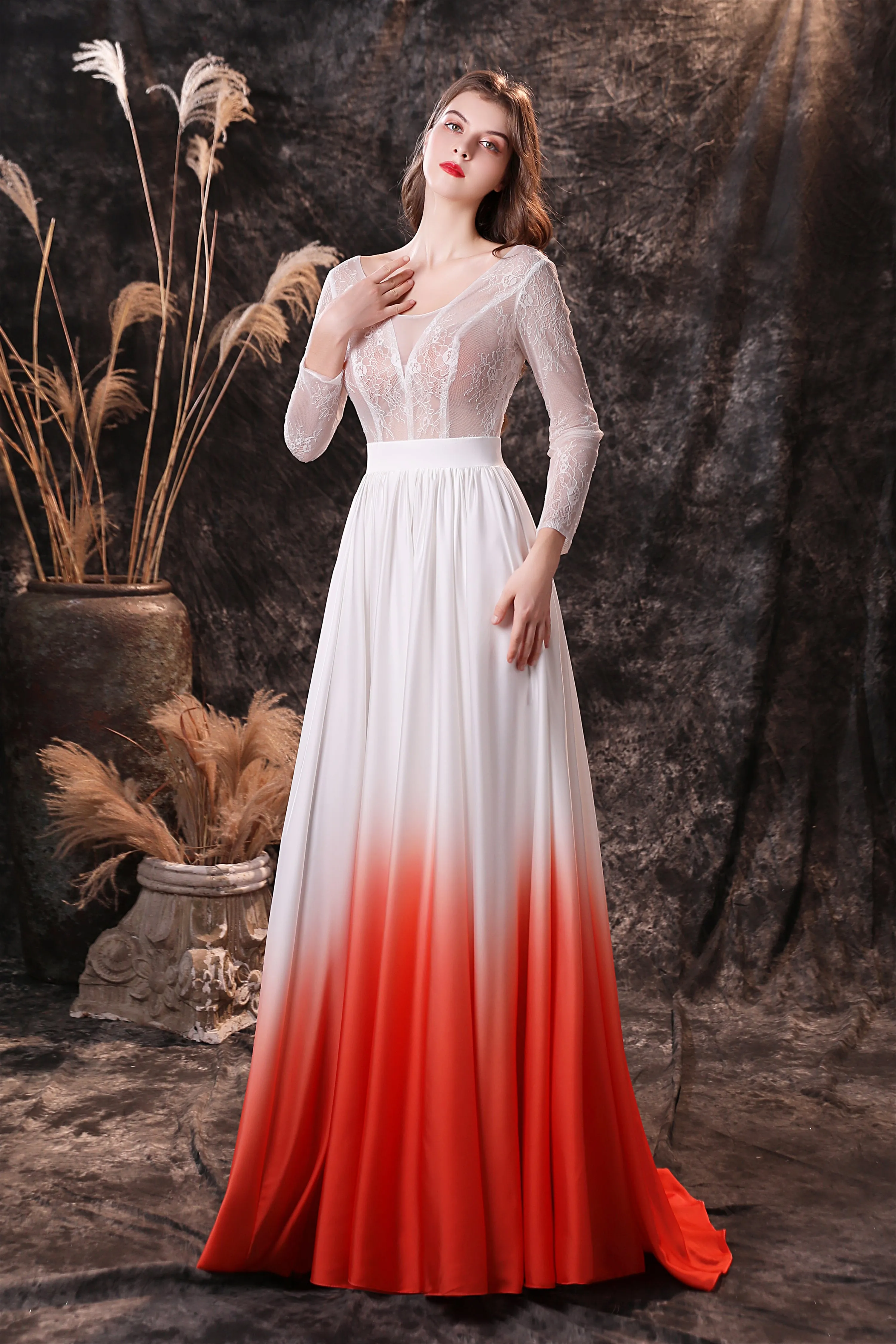 A Line V-Neck Long Sleeve Ombre Silk Like Satin Sweep Train Prom Dresses