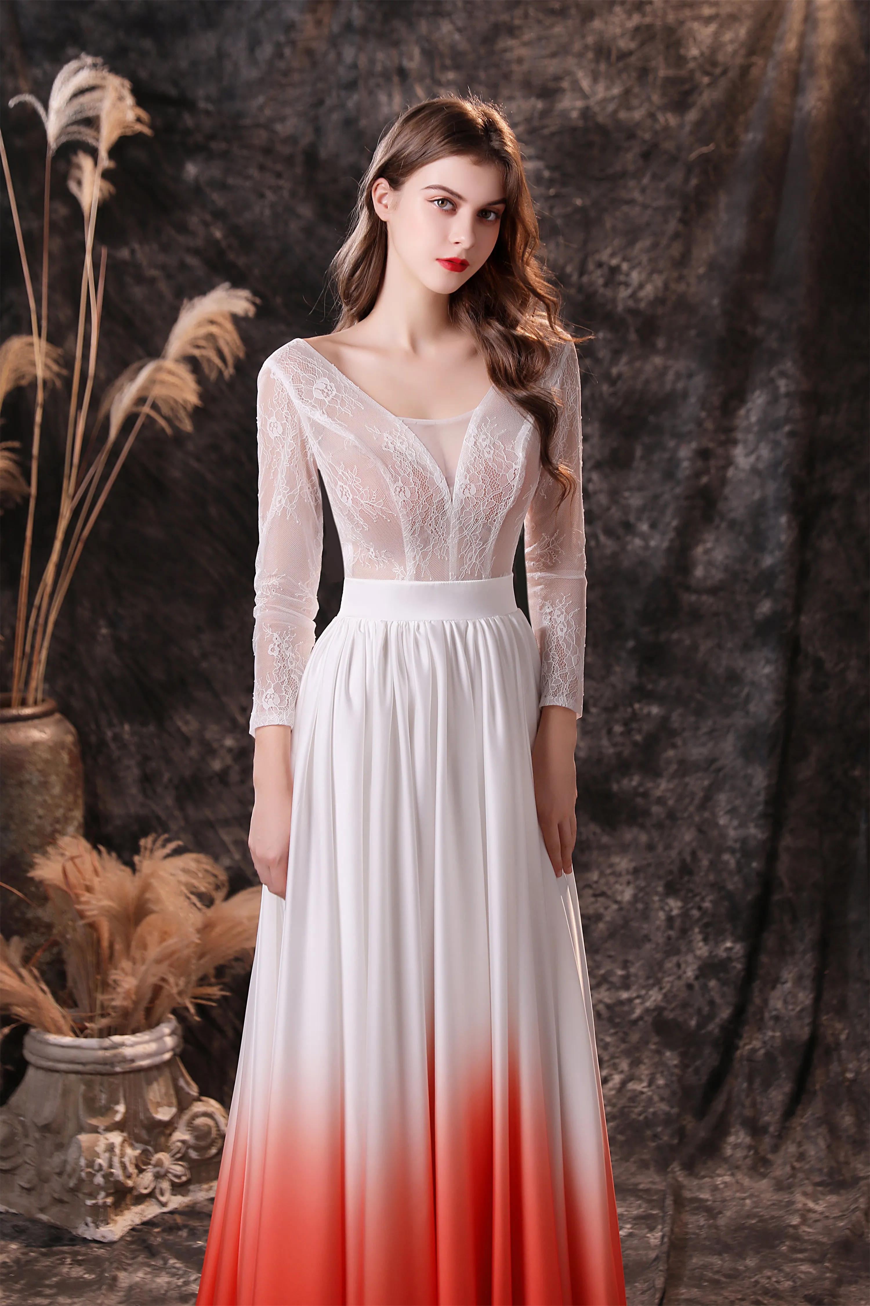 A Line V-Neck Long Sleeve Ombre Silk Like Satin Sweep Train Prom Dresses