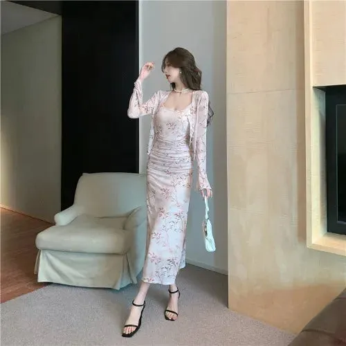 Advbridge -  Chinese Style Sweet Girl Suit Women's Spring Printed Pleated Dress Long-sleeved Cardigan Two-piece Set Fashion Female Clothes