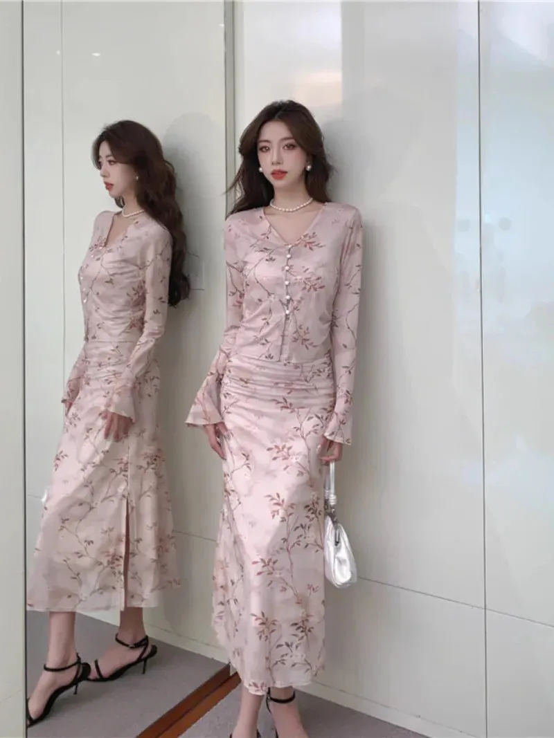 Advbridge -  Chinese Style Sweet Girl Suit Women's Spring Printed Pleated Dress Long-sleeved Cardigan Two-piece Set Fashion Female Clothes