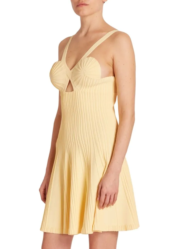 Alaïa Pleated Knit Dress with Pleated Skirt, Jaune Pale