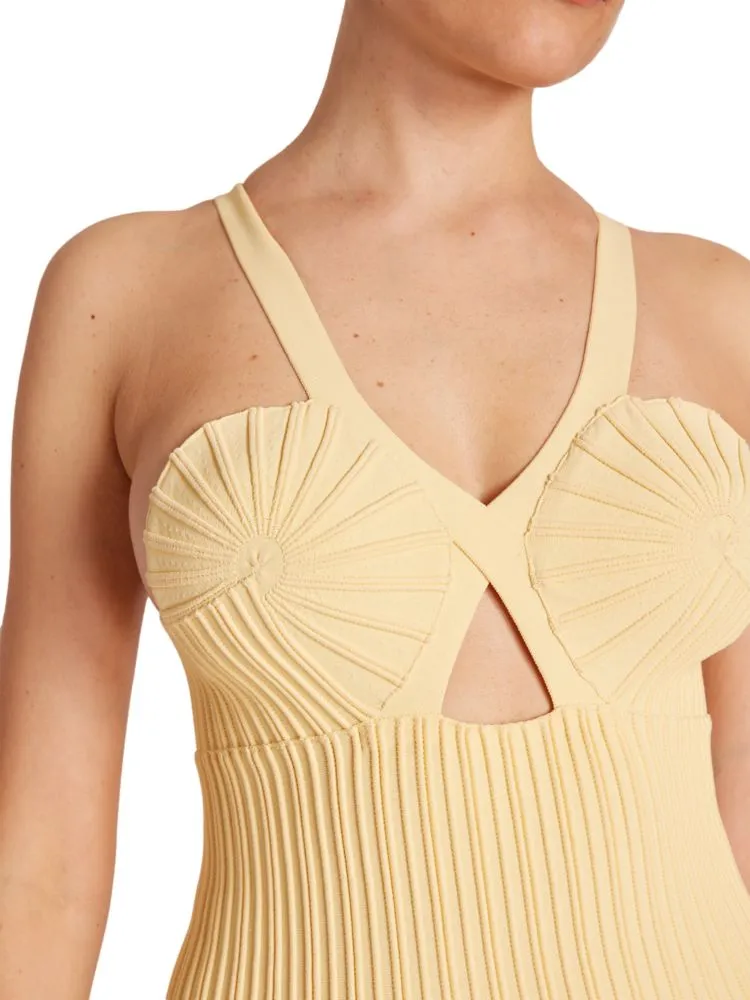 Alaïa Pleated Knit Dress with Pleated Skirt, Jaune Pale