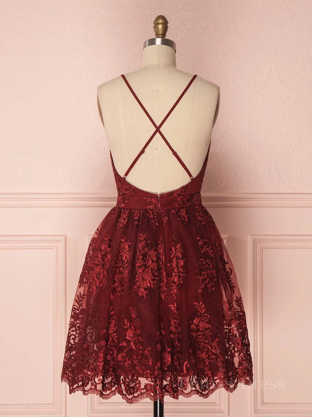 Aline v neck tulle lace short burgundy prom dresses backless burgundy homecoming dress