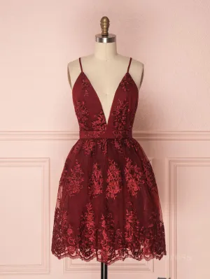 Aline v neck tulle lace short burgundy prom dresses backless burgundy homecoming dress