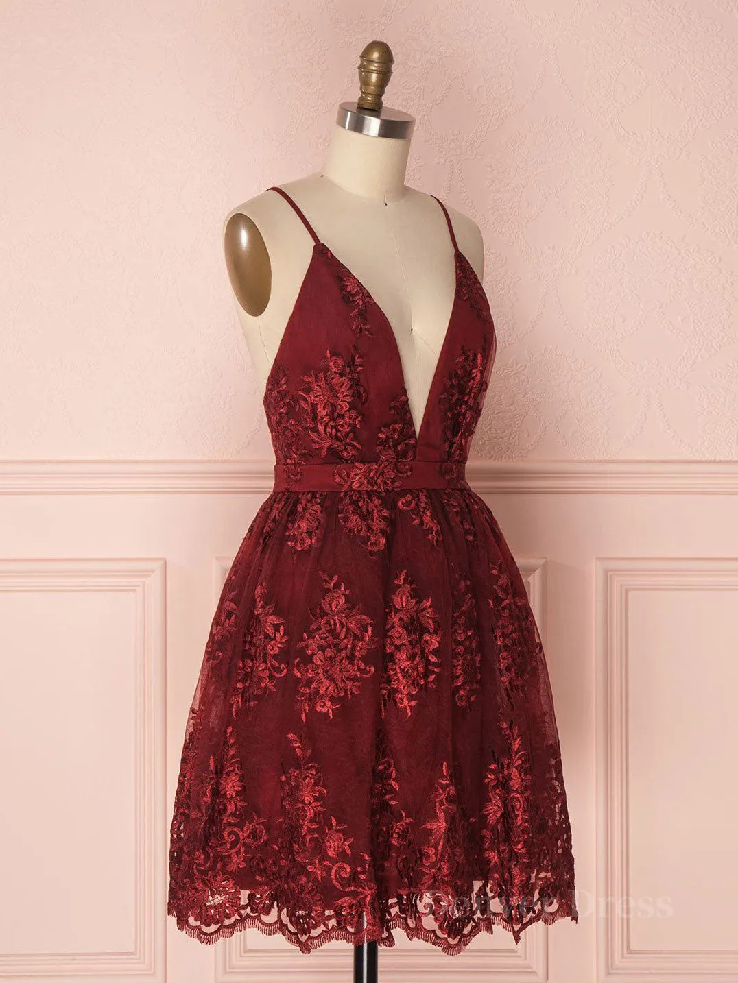 Aline v neck tulle lace short burgundy prom dresses backless burgundy homecoming dress