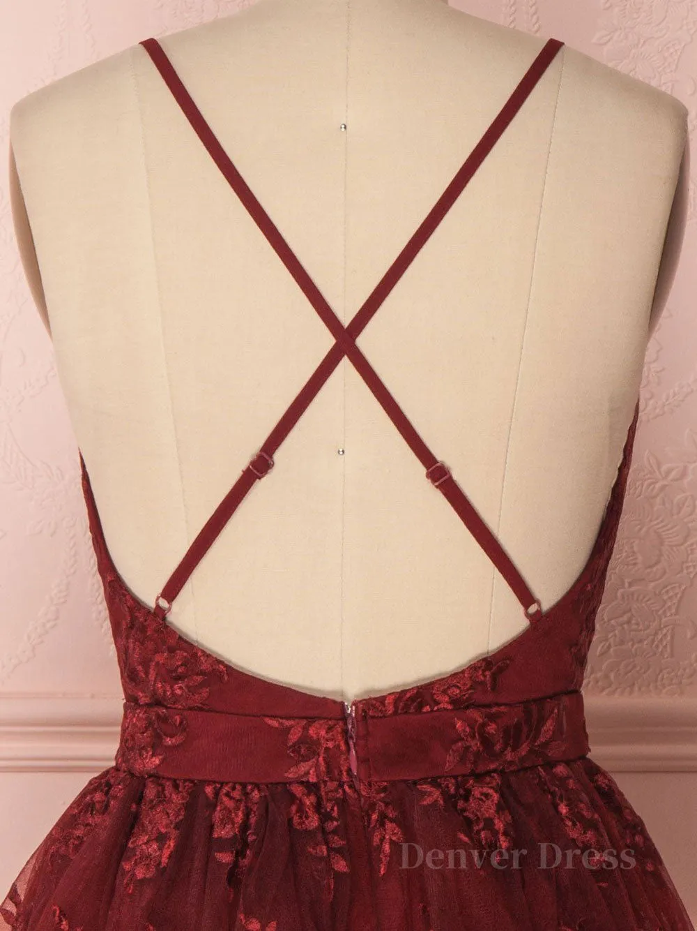 Aline v neck tulle lace short burgundy prom dresses backless burgundy homecoming dress
