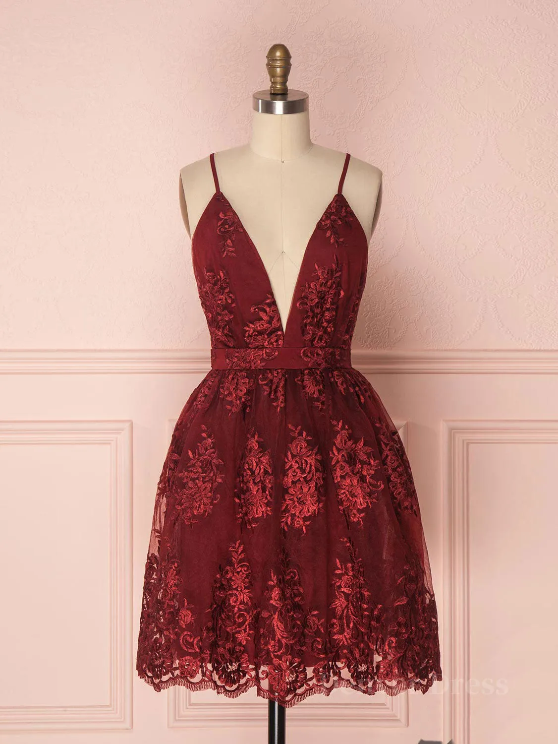 Aline v neck tulle lace short burgundy prom dresses backless burgundy homecoming dress