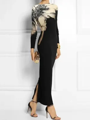 Amozae-Women's Skinny Floral Printed Dress Round Neck Long Sleeve Slim Fit Evening Dresses 2024 Summer Stylish Maxi Dress