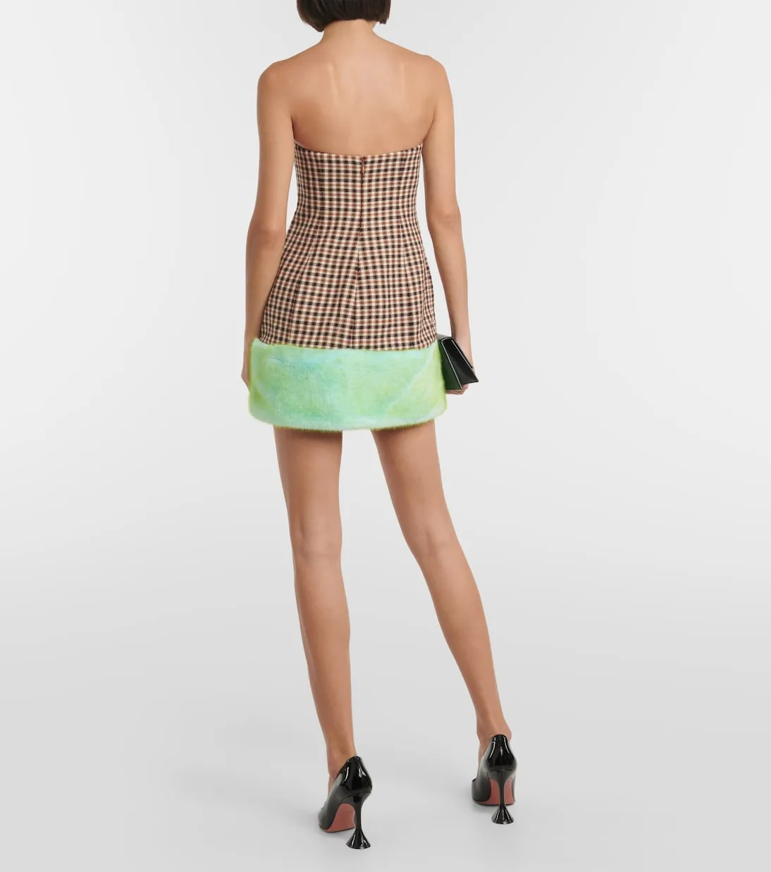 Area Faux Fur Trim Strapless Mini Dress, Multicolor