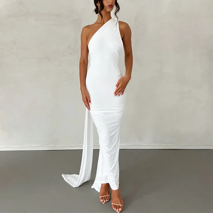 Backless One Shoulder Solid Color Irregular Evening Dress Wholesale Dresses