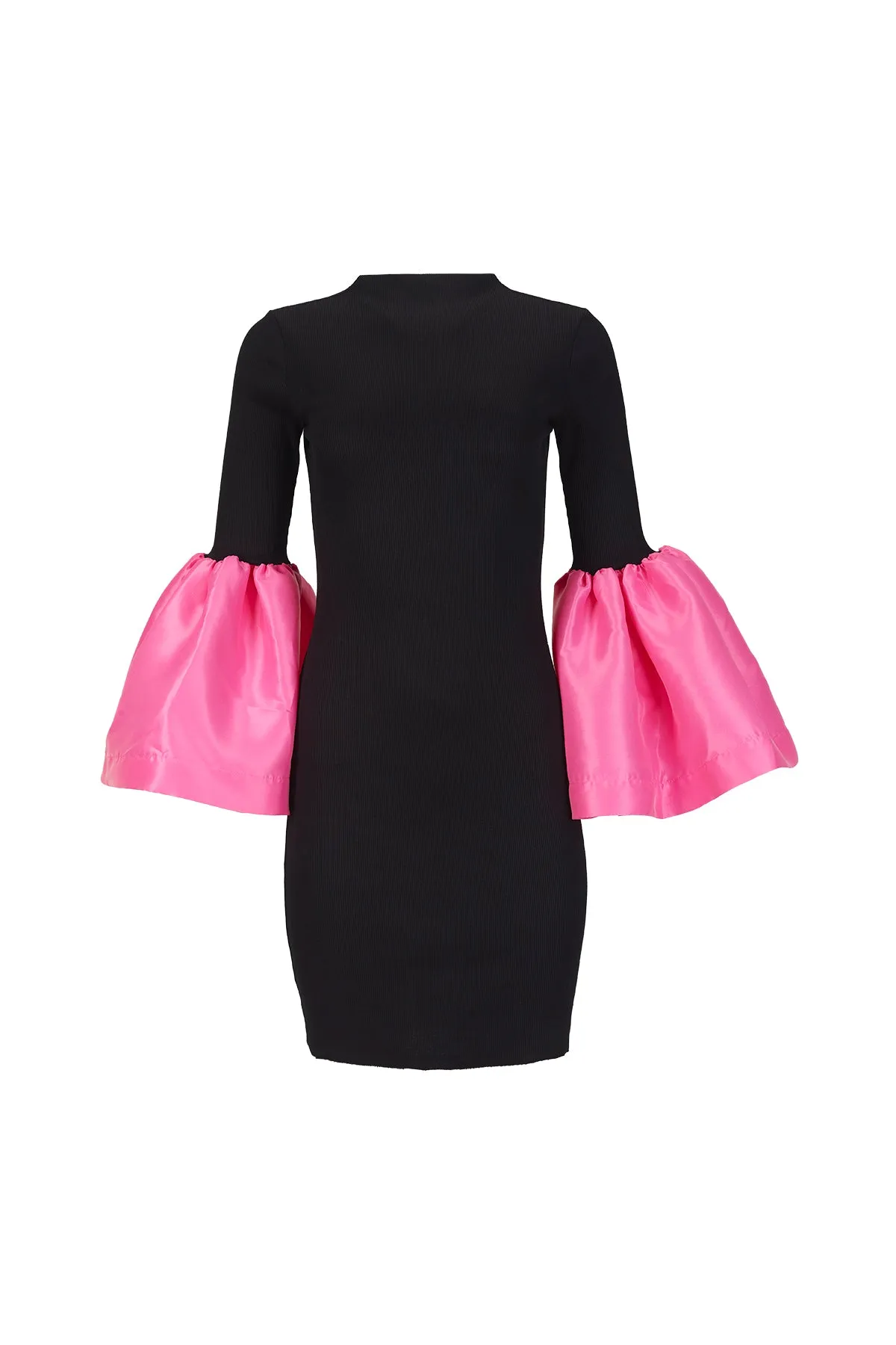 BLACK AND PINK RIB DRESS WITH PUFF SLEEVES