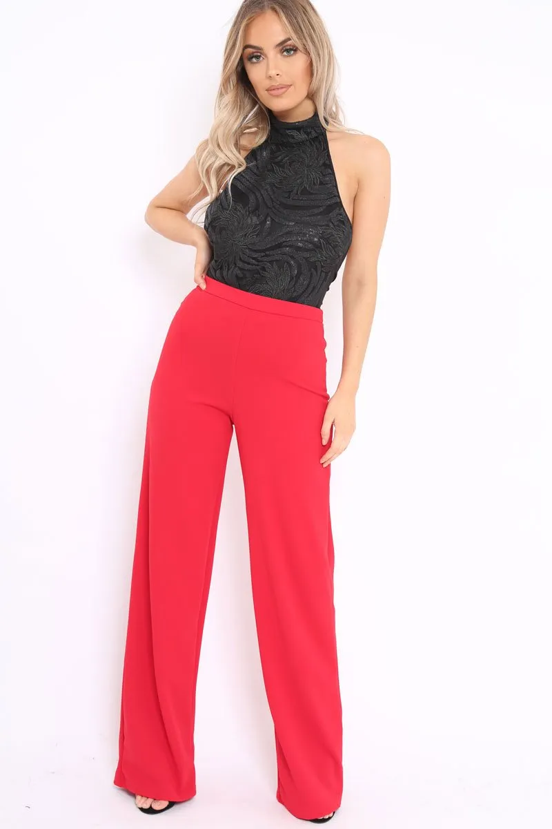 Black Sequin Embroidered Halter Neck Bodysuit - Marci